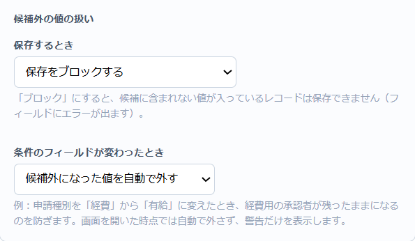 設定画面の「候補外の値の扱い」— 保存するときは「保存をブロックする」、条件のフィールドが変わったときは「候補外になった値を自動で外す」を選択している