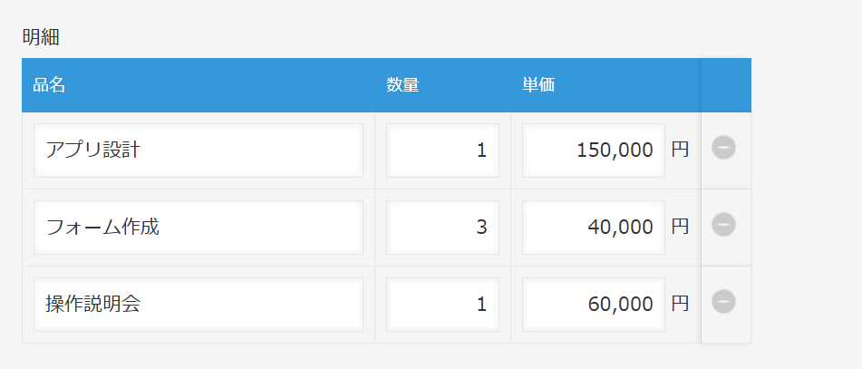 行追加ボタンを非表示にしたテーブル。各行の右端には行削除の-アイコンだけが残っている