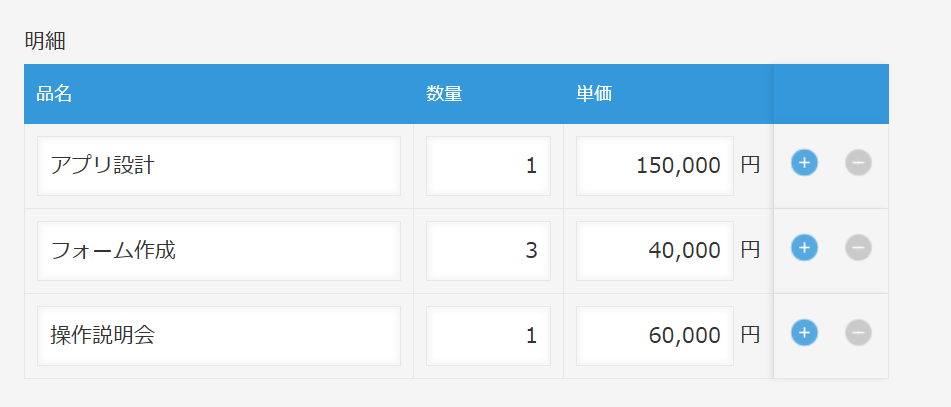 kintoneの編集画面のテーブル。品名・数量・単価の3行があり、各行の右端に行追加の+と行削除の-のアイコンが並んでいる