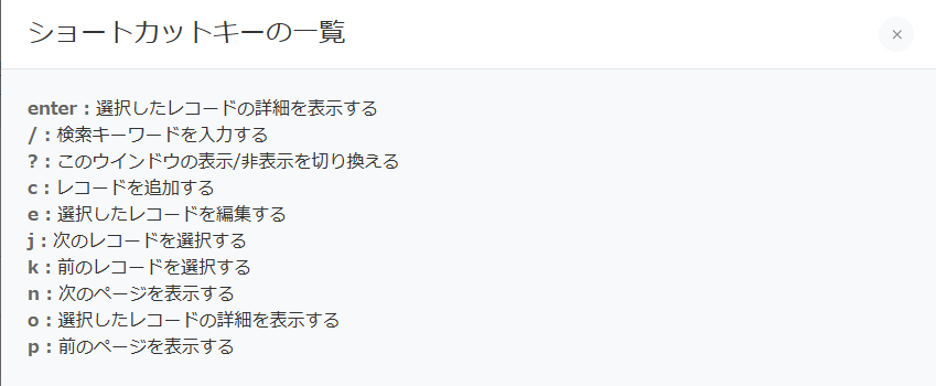 kintoneショートカットキーの一覧