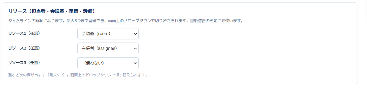 設定画面のリソースのカード。リソース1に会議室、リソース2に主催者が選ばれ、リソース3は使わないになっている