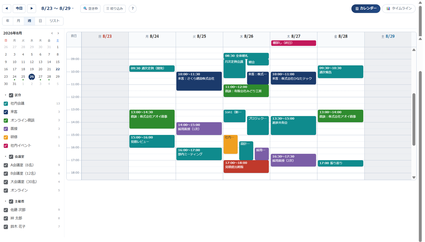 週表示。8月23日から29日までの1週間で、同じ時間に重なる予定が横に並んで表示されている。終日の棚卸しは上部の終日行に表示され、時刻ごとのグリッドに予定が色分けされて配置されている