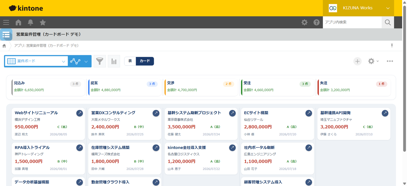 連動（カンバン）モード — 全ステージのレーンを横並びで表示し、レーンの間に縦の区切り線を引いて列の境界を分かりやすくしている