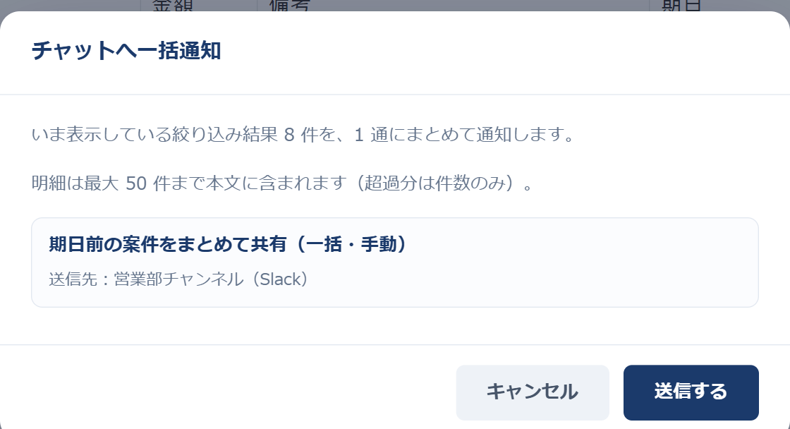 一覧画面の「チャットへ一括通知」を押したときのモーダル。絞り込み結果8件を1通にまとめて通知する旨と対象ルールが表示されている