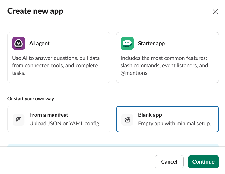 Slack API サイトの Create new app ダイアログ。Blank app が選択されている
