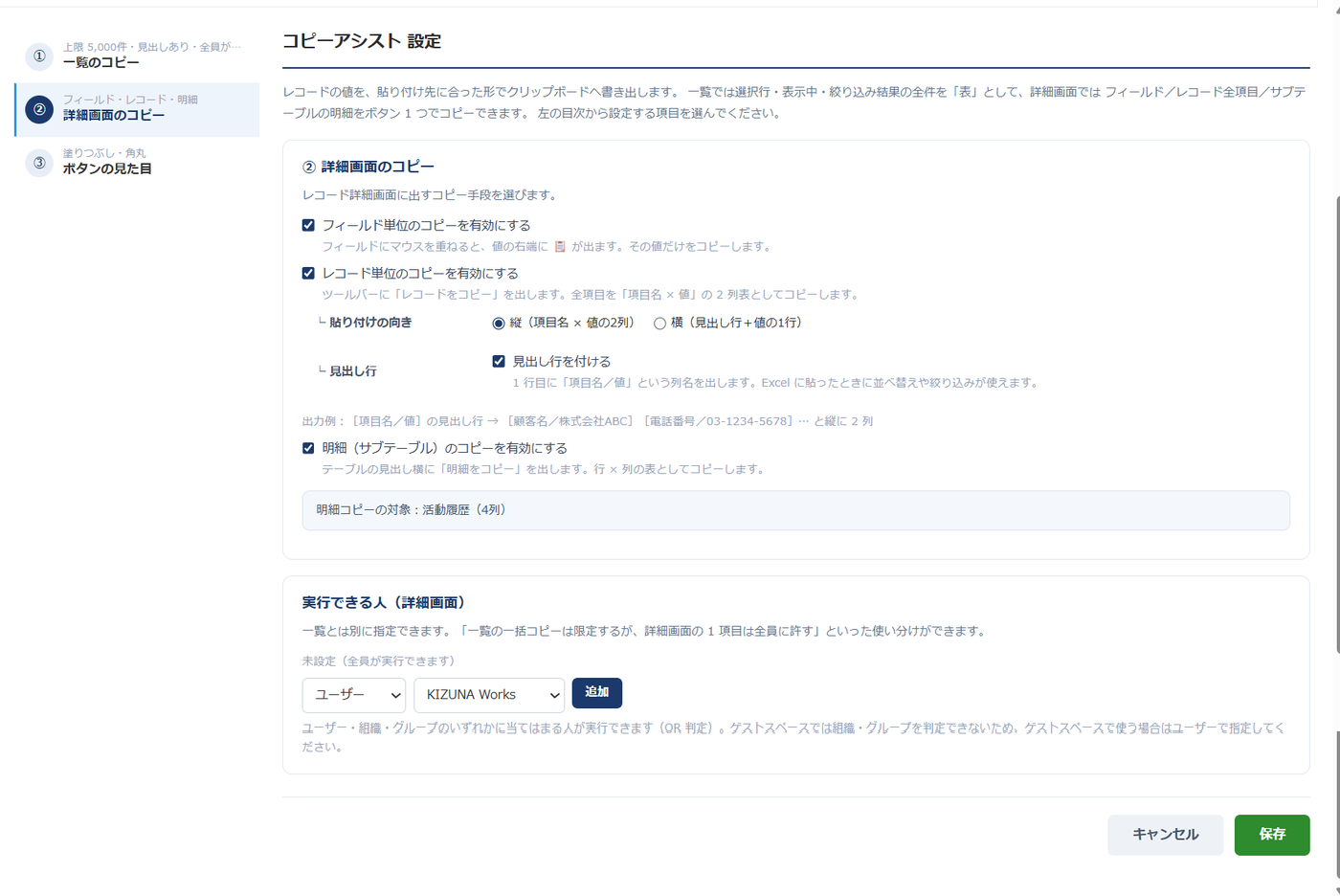 コピーアシスト 設定画面② 詳細画面のコピー — フィールド単位・レコード単位・明細のコピーのオンオフ、貼り付けの向き（縦／横）、見出し行の有無、設定に応じて変わる出力例が表示されている