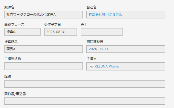 案件管理アプリのレコード印刷画面（印刷にチェックした場合）。確度・次回アクション日・アクション担当者・アクション内容が消え、案件名・会社名・商談フェーズ・受注予定日・売上・提案商品・初回商談日・主担当組織・主担当・詳細・契約書/申込書だけが詰めて印刷される