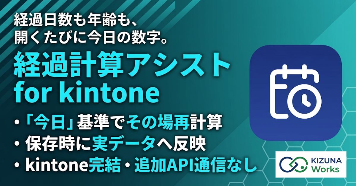 経過計算アシスト for kintone プラグイン — 基準日フィールドから経過日数・年齢・在籍期間などを自動計算し、一覧・詳細を開くたびに今日時点の値を表示、保存時に実フィールドへ書き込む