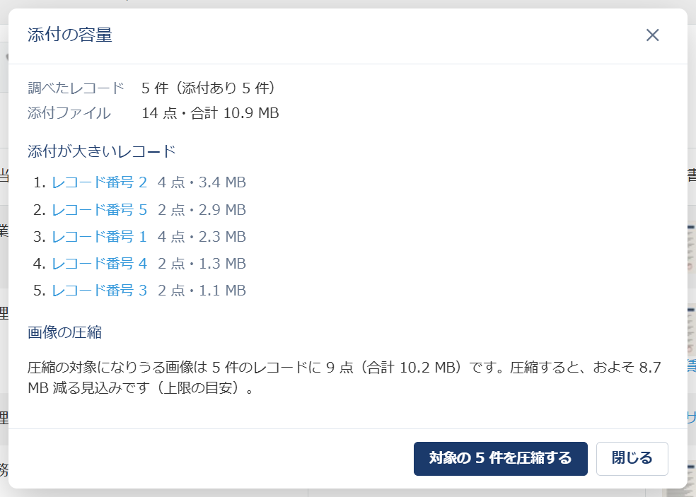 kintone のレコード一覧で［添付の容量］を押した窓。調べたレコード 5 件・添付ファイル 14 点・合計 10.9 MB、添付が大きいレコードの上位、画像の圧縮でおよそ 8.7 MB 減る見込みが表示され、下に［対象の 5 件を圧縮する］ボタンがある