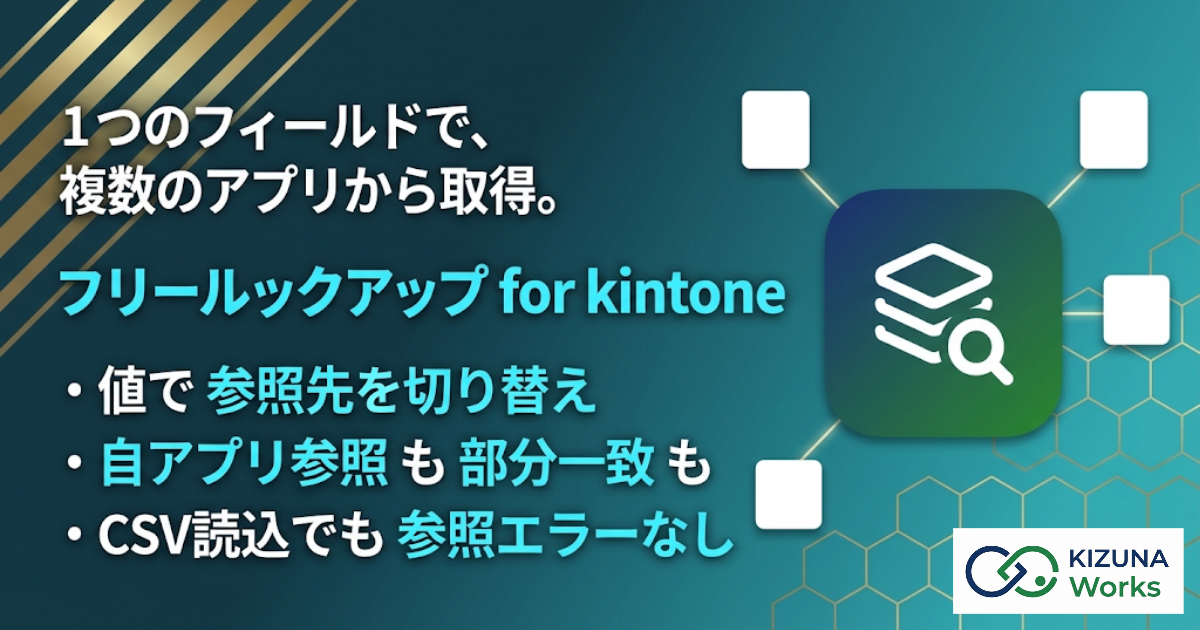 フリールックアップ for kintone バナー — 標準のルックアップでは届かない参照を、［取得］で。自分のアプリも参照先にでき、区分で参照先アプリを切り替え、テーブルの行ごとに取得、重複したキーも候補から選択