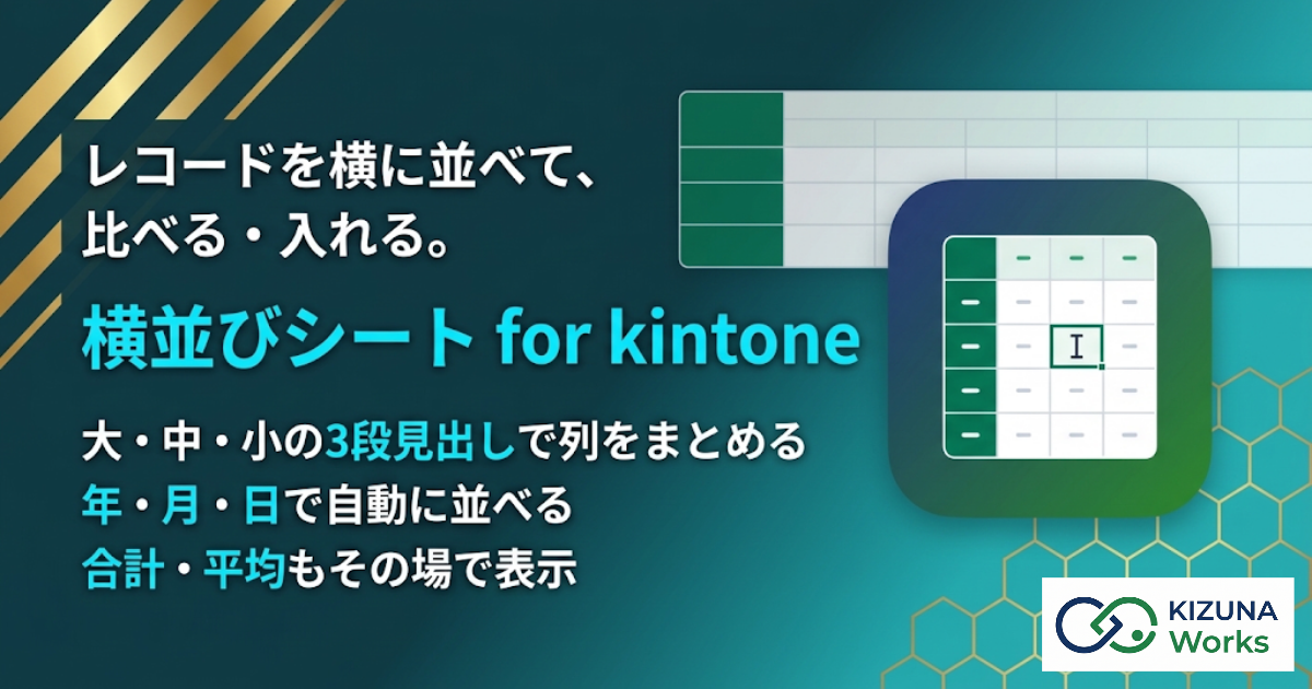 横並びシート for kintone バナー — レコードを横に並べて、比べる・入れる。1レコード＝1列で並べ、大・中・小の3段の分類見出し、分類ごとの集計列、表の上でそのまま編集