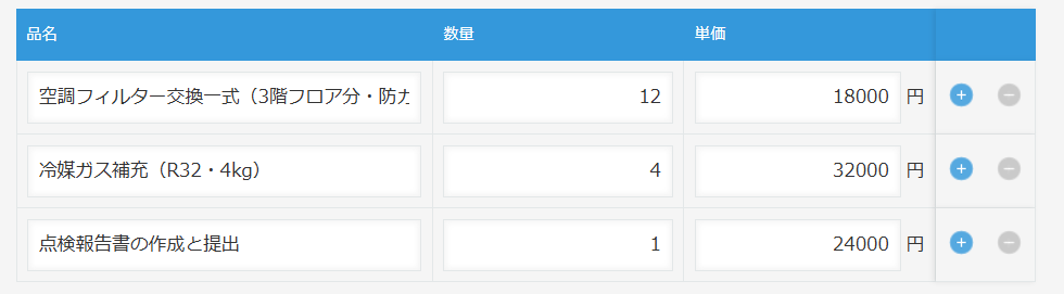 kintone の明細表（サブテーブル）の編集画面。品名の列が狭く、「空調フィルター交換一式（3階フロア分・防カ」までしか表示されず、入力した文字の後半が欄の外に隠れている