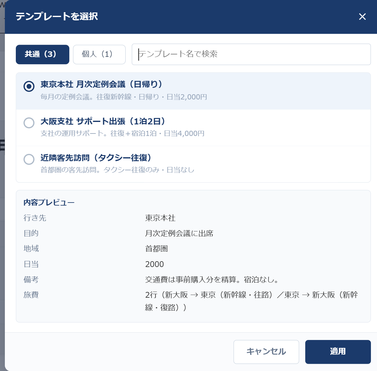 テンプレート選択モーダル — 「共通（3）」「個人（1）」のタブと検索欄があり、「東京本社 月次定例会議（日帰り）」「大阪支社 サポート出張（1泊2日）」「近隣客先訪問（タクシー往復）」の3つが並ぶ。選択すると下の内容プレビューに行き先・目的・地域・日当・備考と「旅費 2行」が表示される