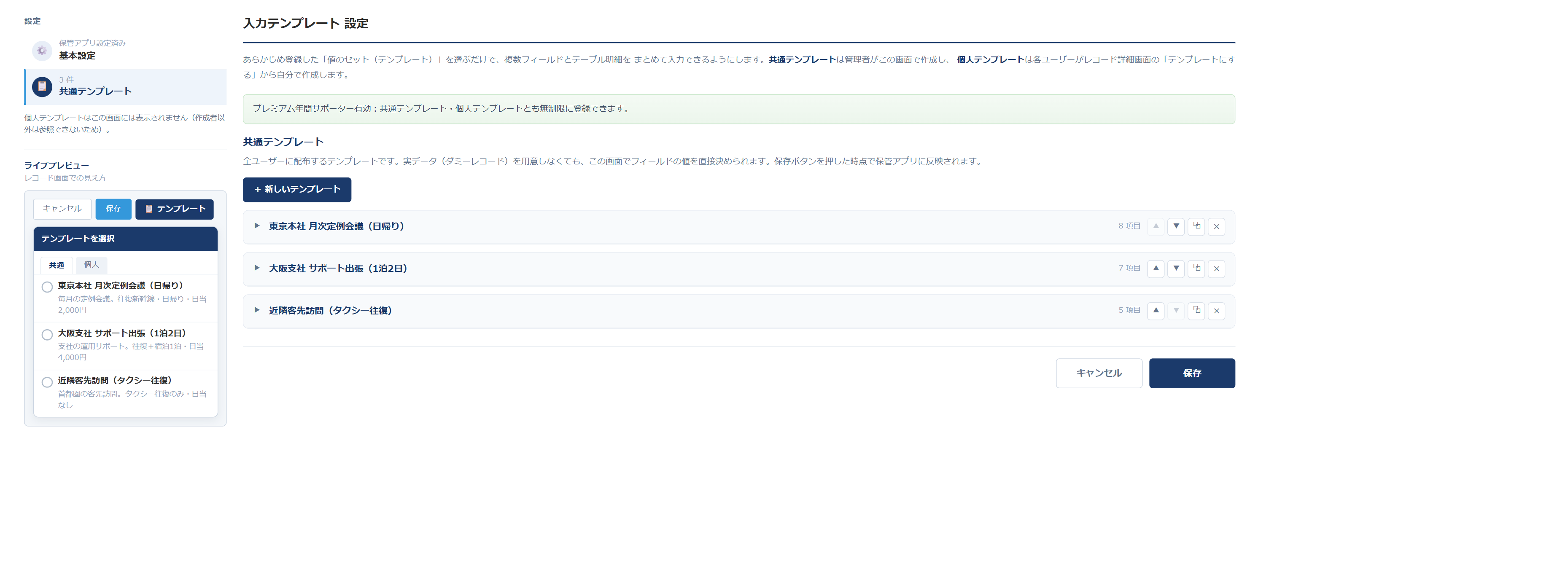 入力テンプレートの設定画面（共通テンプレート一覧）— 「＋ 新しいテンプレート」ボタンの下に、東京本社 月次定例会議（日帰り）・大阪支社 サポート出張（1泊2日）・近隣客先訪問（タクシー往復）の3枚のカードが並び、各カードに項目数と並べ替え・複製・削除のボタンがある