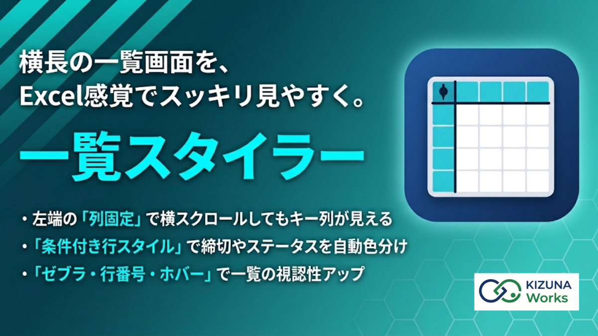 一覧スタイラー for kintone プラグイン — 横長のレコード一覧で左端の列を固定し、ゼブラ・行番号・条件付き行色分けで見やすく整える