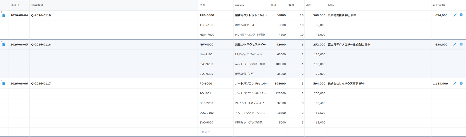 一覧スタイラー v1.2.0 のテーブル展開表示 — 一覧設定でテーブルを置いた位置（見積番号と宛名の間）に明細の列（型番・商品名・単価・数量・小計）が差し込まれ、明細の行数分だけレコードが縦に広がっている kintone のレコード一覧画面