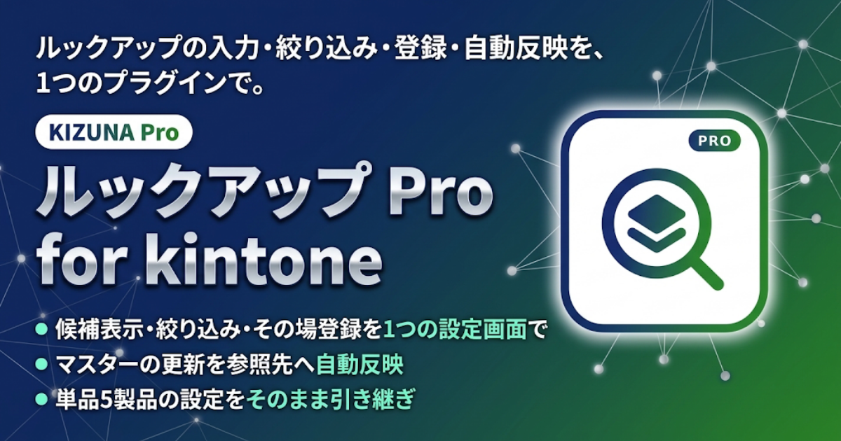 ルックアップ Pro for kintone バナー — ルックアップの入力・絞り込み・登録・自動反映を、1つのプラグインで。KIZUNA Pro プラグイン
