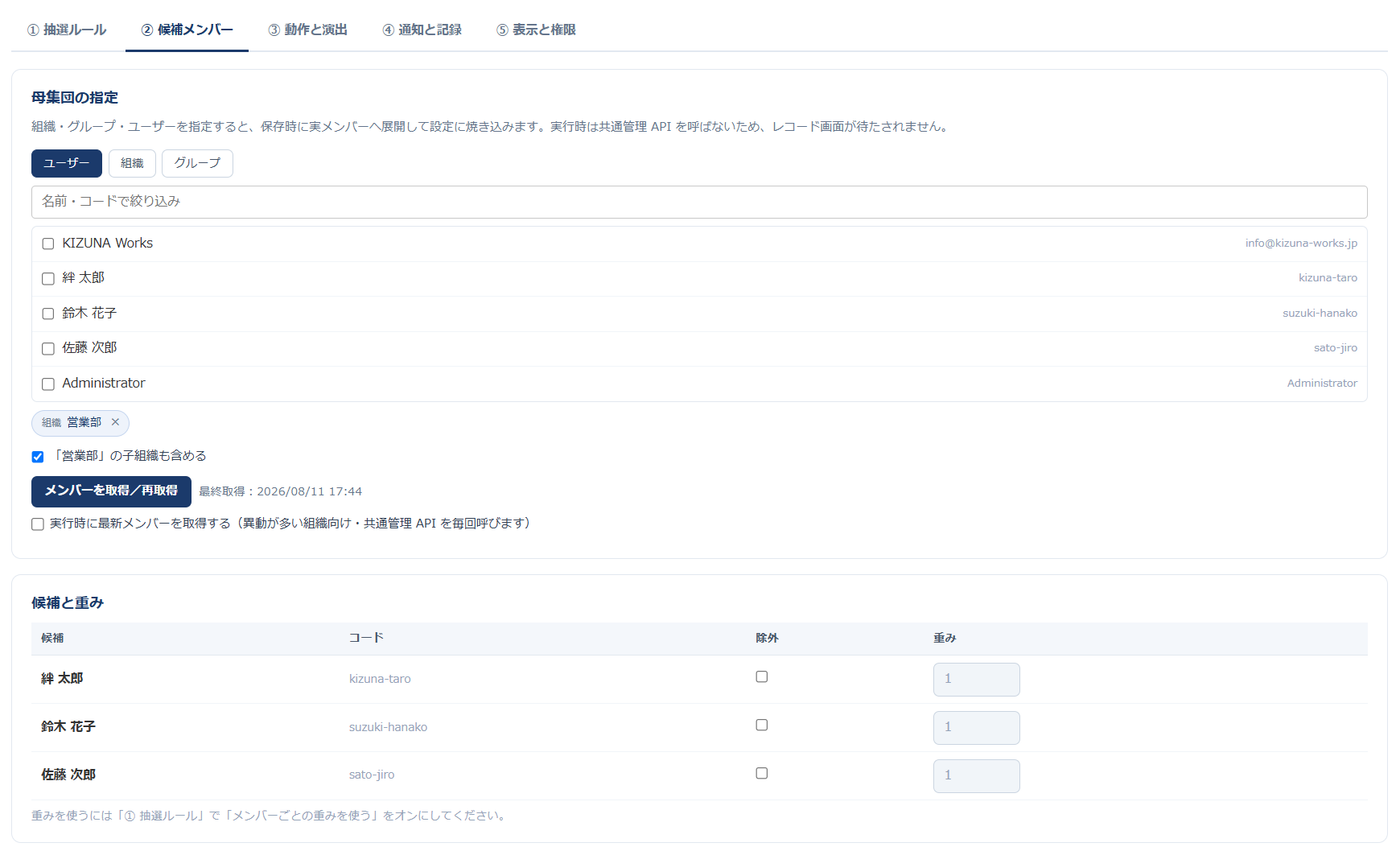 設定画面②候補メンバー — 組織の指定と展開したメンバー3名の一覧が表示され、重み・除外の列がある