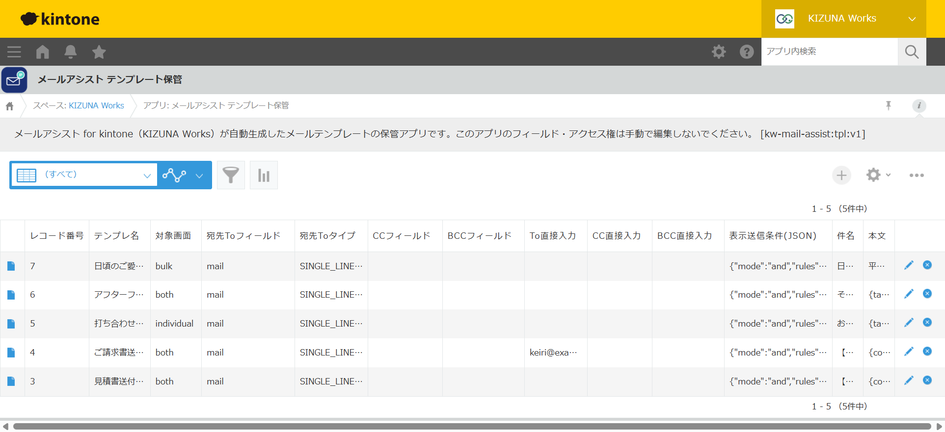 自動生成された「メールアシスト テンプレート保管」アプリのレコード一覧 — テンプレ名・対象画面・宛先・条件などのフィールドが自動作成されている