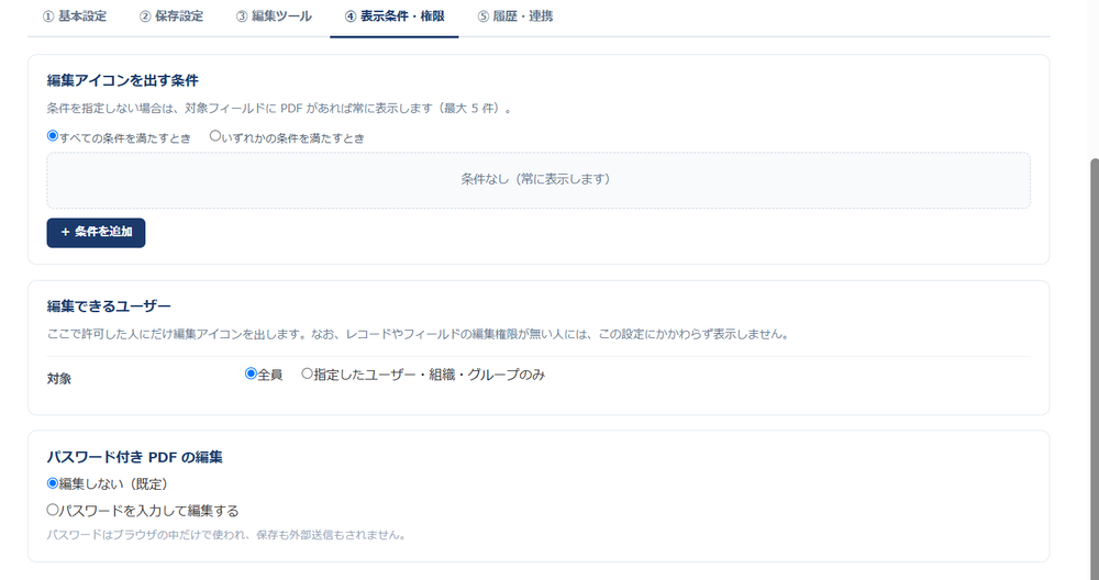設定画面の「④ 表示条件・権限」タブ。編集アイコンを出す条件(すべての条件を満たすとき/いずれか・最大5件)、編集できるユーザー(全員/指定したユーザー・組織・グループ)、パスワード付きPDFの許可設定が並んでいる