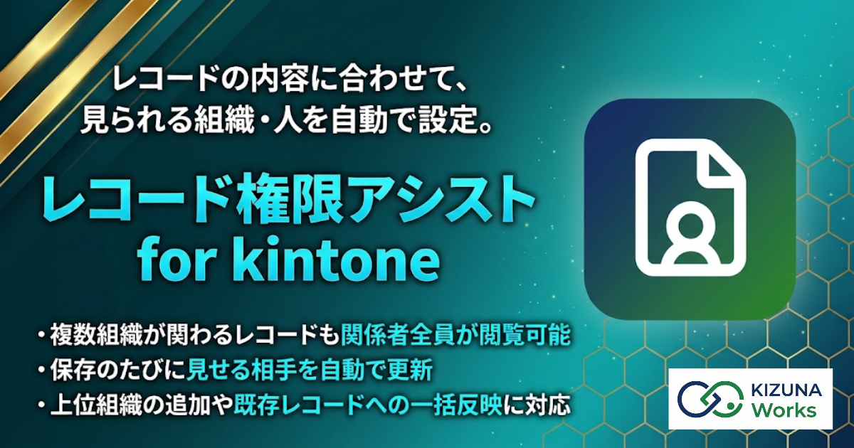 レコード権限アシスト for kintone バナー — レコードの内容に合わせて、見られる組織・人を自動で設定。関わる組織が複数でも全員が見られる・上の組織にも自動で見せる・内容が変われば見られる人も自動で変わる