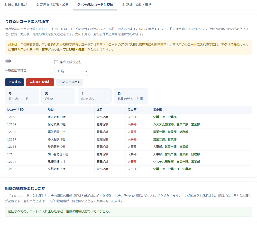 プラグイン設定画面の「③ 今あるレコードに反映」タブ。下見の結果として、変わる件数と、レコードごとの変更前・変更後が表示されている