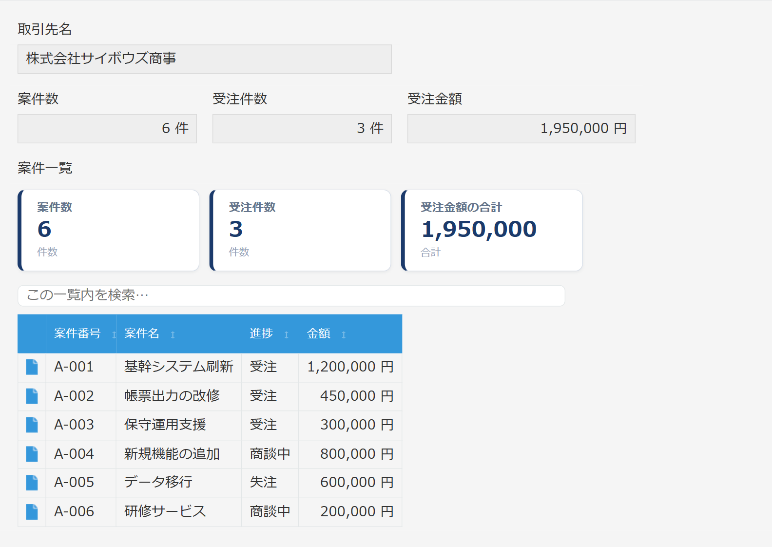 関連レコード拡張 v2.1.0 の詳細画面 — 3枚の集計カードの値が、それぞれ別の数値フィールドに保存されている