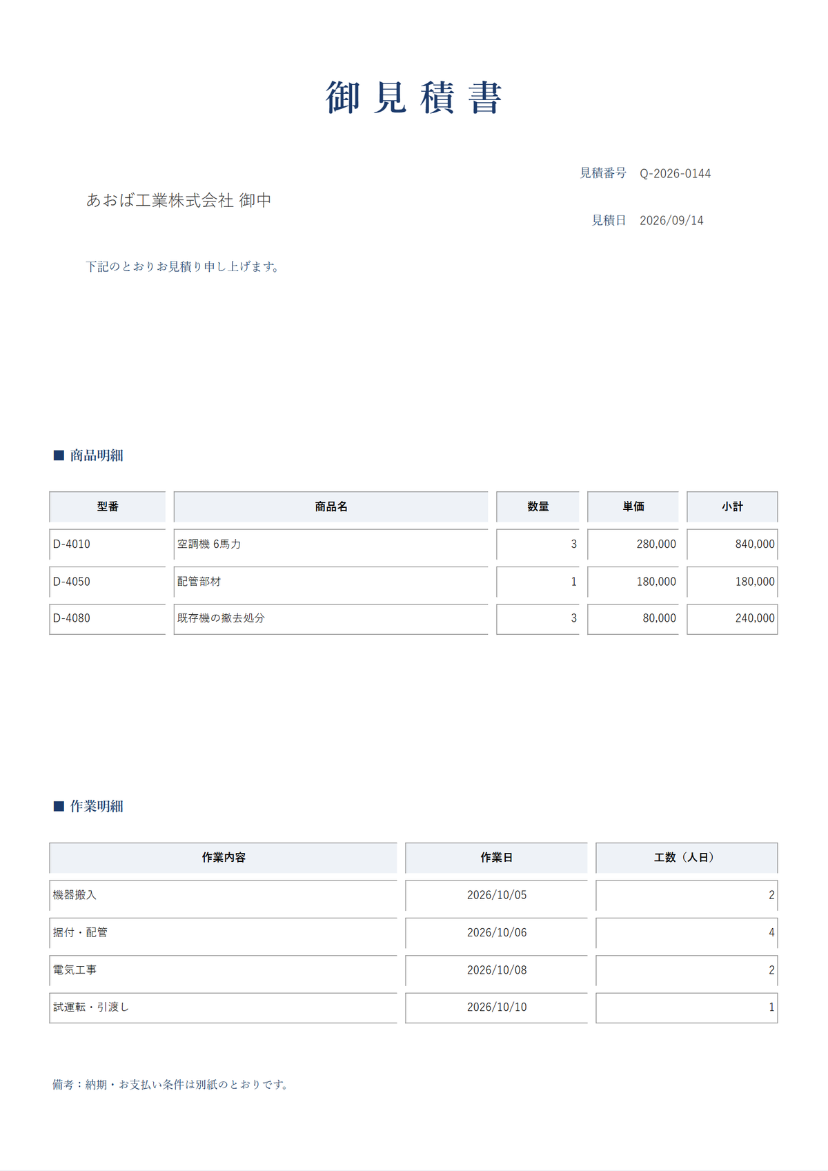 出力例 — 御見積書。商品明細の表と作業明細の表が1枚のA4に上下で印刷されている(ダミーデータ)