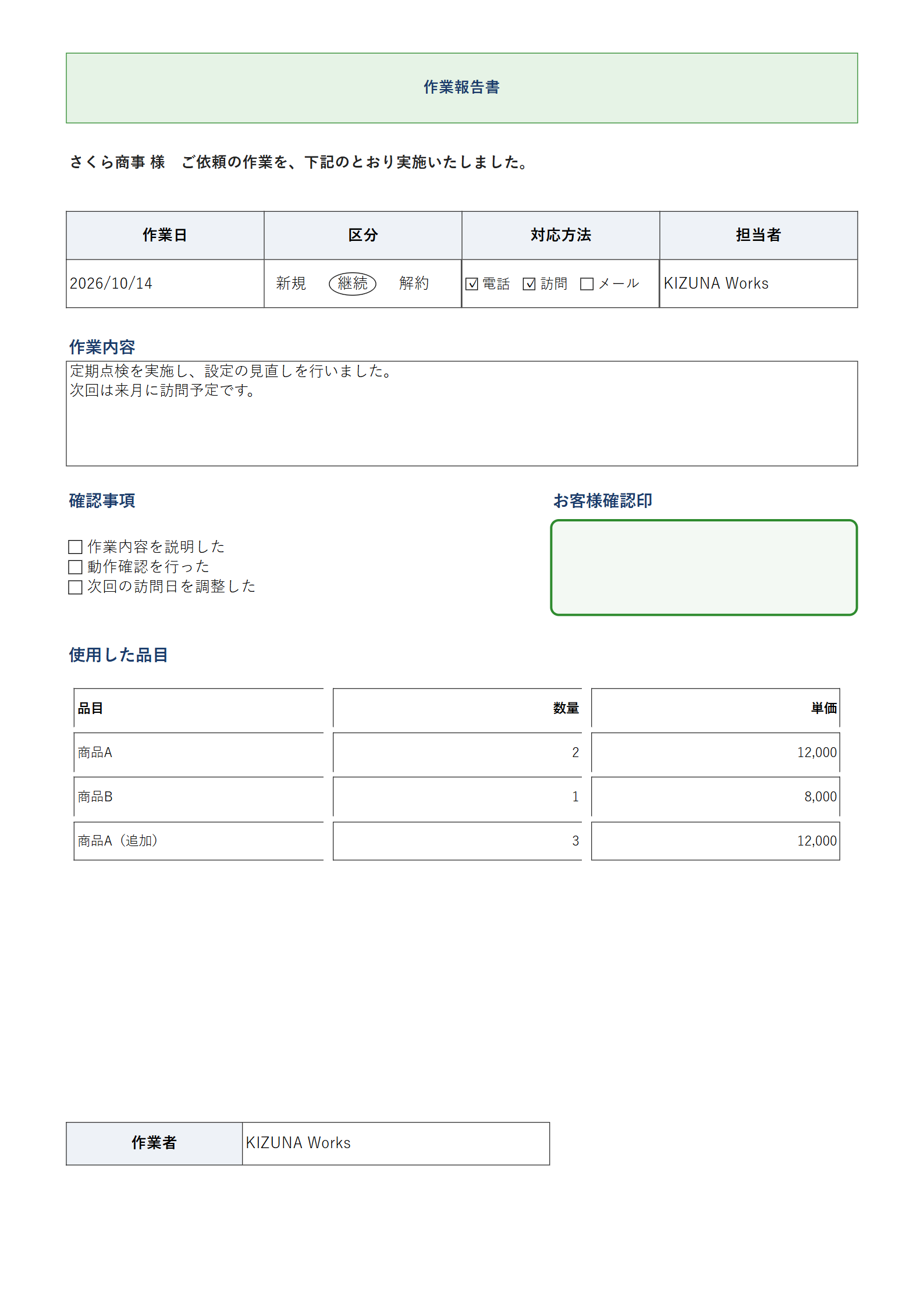 帳票デザイナーの印刷結果 — 図形の枠、表、罫線、チェック欄、選択肢の ☑☐ 表示と ○ 囲み、作業者欄を使った作業報告書（ダミーデータ）