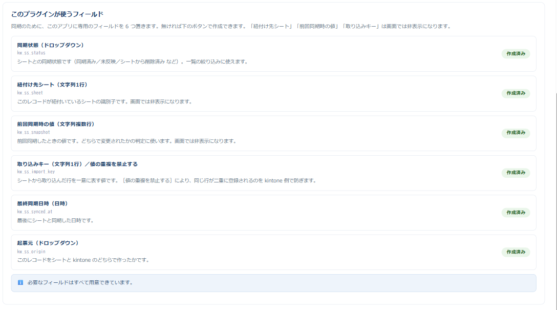 設定画面の「このプラグインが使うフィールド」。同期状態・紐付け先シート・前回同期時の値・取り込みキー(値の重複を禁止する)・最終同期日時・起票元の 6 つがすべて作成済みと表示されている