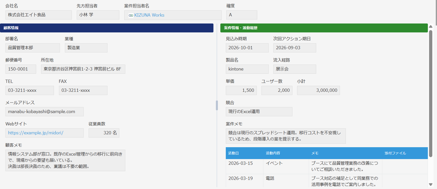 分割ビュー 導入後 — 同じレコードが左に顧客情報、右に案件情報・活動履歴として並び、上部の共通エリアに会社名と担当者が全幅で表示されている