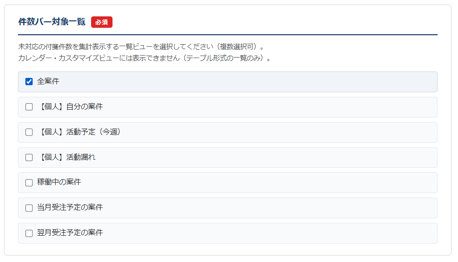 付箋ボード 設定画面 — 未対応件数を集計表示する一覧ビューを複数選択する「件数バー対象一覧」の設定