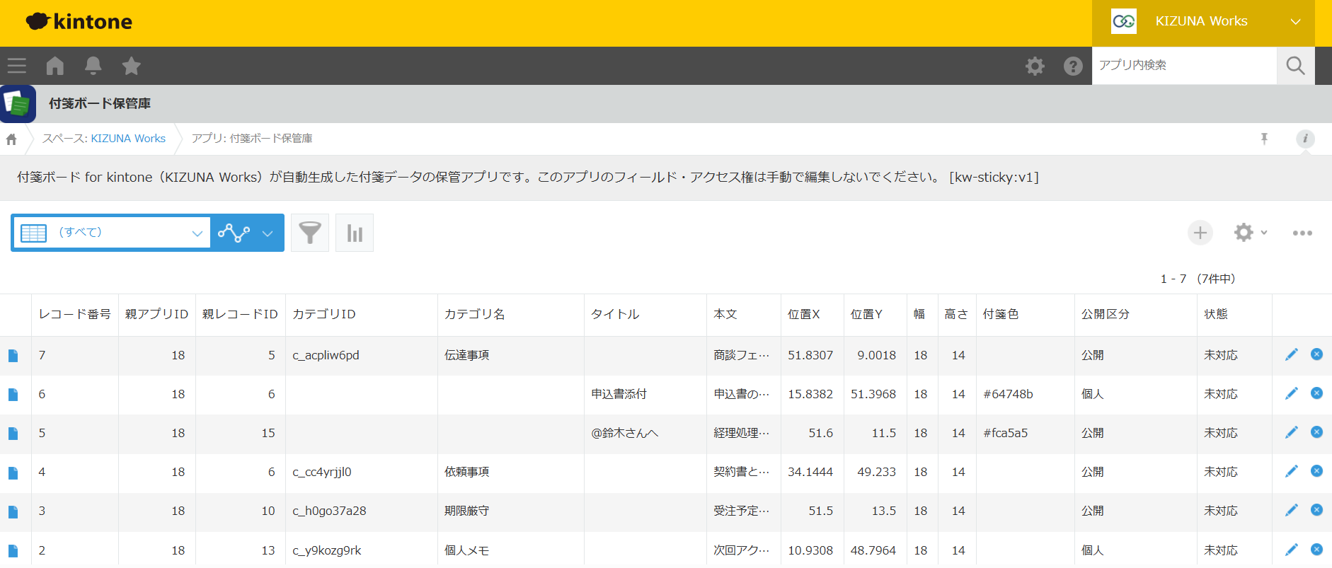 付箋ボード保管庫アプリのレコード一覧 — 親アプリID・親レコードID・カテゴリ・本文・位置・公開区分・状態などのフィールドが自動作成されている