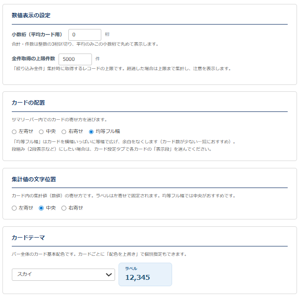 集計サマリーバー 設定画面② 基本設定タブ下部 — 平均の小数桁・全件取得の上限件数、カードの配置（左寄せ／中央／右寄せ／均等フル幅）、集計値の文字位置、カードテーマ（スカイ）のプレビュー