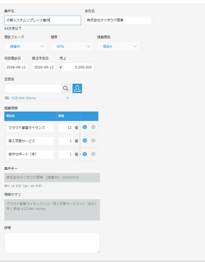 文字列結合 レコード編集画面 — 会社名・商談フェーズ・受注予定日から「株式会社サイボウズ商事-【提案中】-20260912」が案件キーへ自動入力され、提案明細のテーブルからは「クラウド基盤ライセンス×12/導入支援サービス×1…ほか1件 / 担当:KIZUNA Works」が明細サマリへ入っている