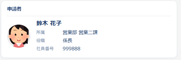 ユーザーオートフィル プロフィールカード — 申請者のプロフィール画像＋氏名・所属（営業部 営業二課）・役職・社員番号をカード表示