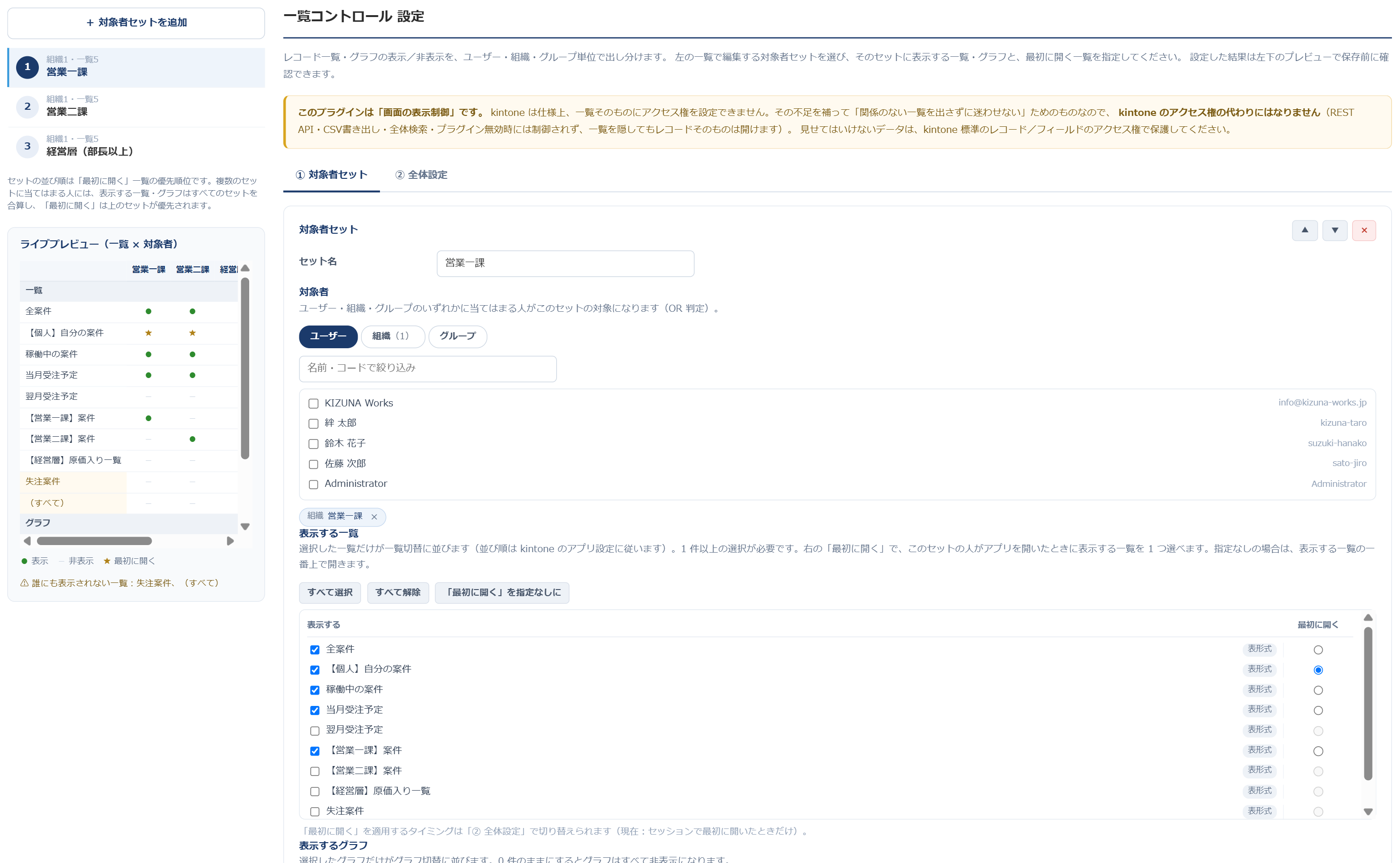 一覧コントロール for kintone の設定画面全体 — 左に対象者セットの一覧とライブプレビュー、中央に対象者セットの設定フォームが並ぶ3カラムレイアウト